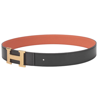 HERMES Stolier H Buckle Box Calf x Togo Belt Black x Orange Gold-Tone Hardware, Pre-Owned