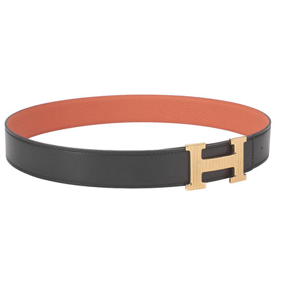 HERMES Stolier H Buckle Box Calf x Togo Belt Black x Orange Gold-Tone Hardware, Pre-Owned