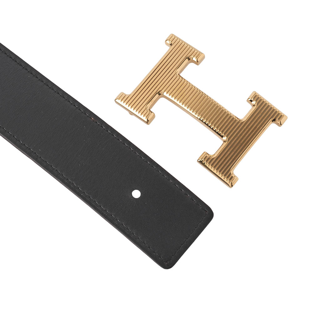 HERMES Stolier H Buckle Box Calf x Togo Belt Black x Orange Gold-Tone Hardware, Pre-Owned