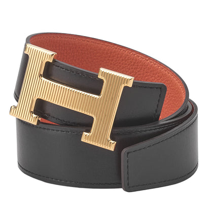 HERMES Stolier H Buckle Box Calf x Togo Belt Black x Orange Gold-Tone Hardware, Pre-Owned