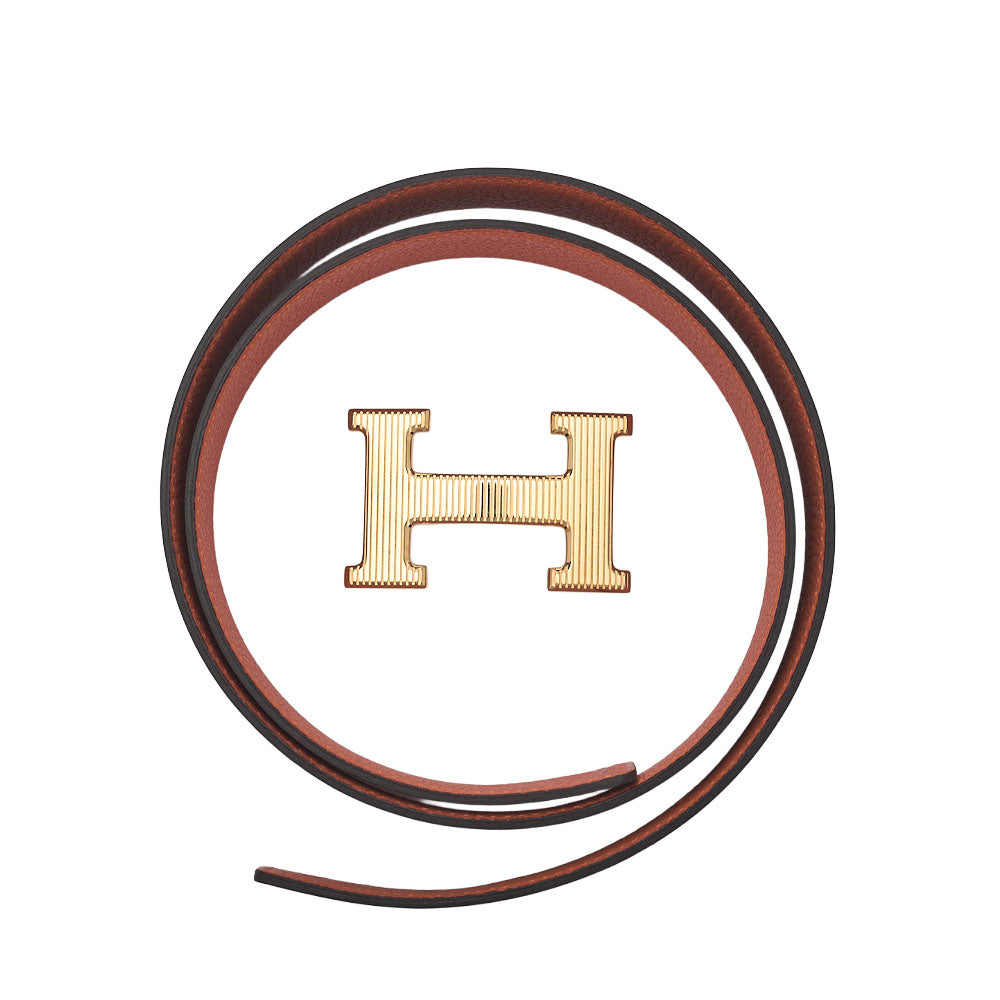 HERMES Stolier H Buckle Box Calf x Togo Belt Black x Orange Gold-Tone Hardware, Pre-Owned