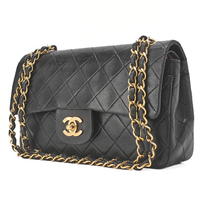 CHANEL Chain Shoulder Bag Matelassé Double Flap 23cm Lambskin Black Gold-Tone Hardware, Pre-Owned