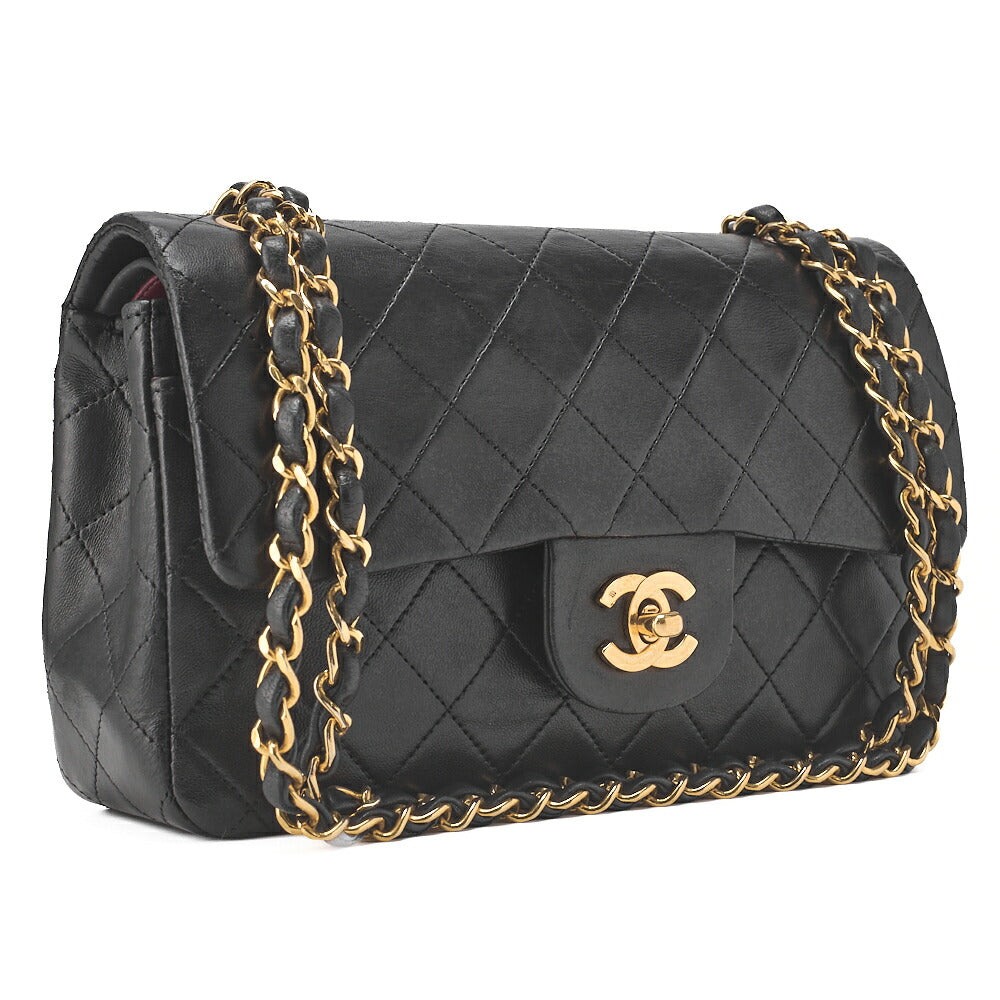 CHANEL Chain Shoulder Bag Matelassé Double Flap 23cm Lambskin Black Gold-Tone Hardware, Pre-Owned