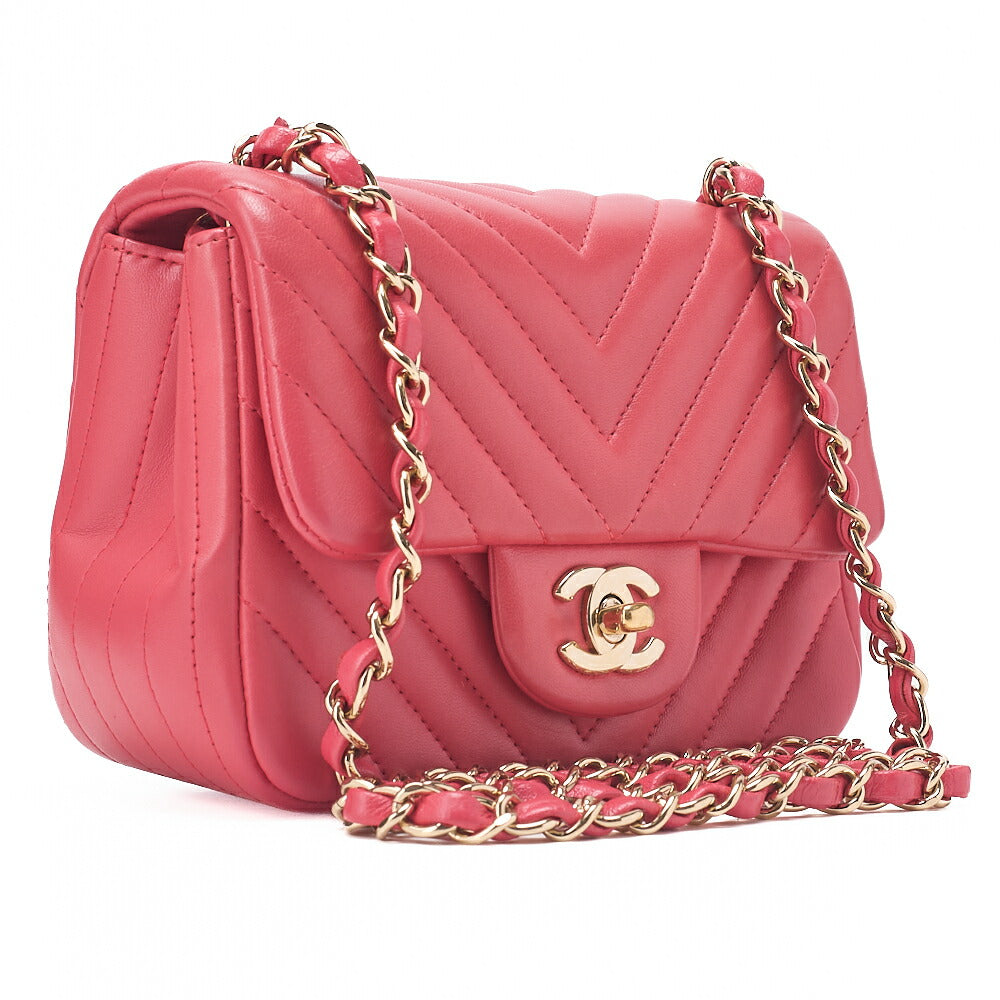 CHANEL Chain Shoulder Bag Mini Matrasse 17cm Lambskin V-Stitch Red Single Flap Turnlock Gold-Tone Hardware, Pre-Owned