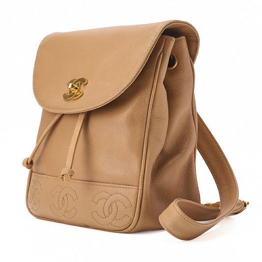 CHANEL Backpack Caviar Skin Triple Coco Turnlock Beige Gold-Tone Hardware, Pre-Owned