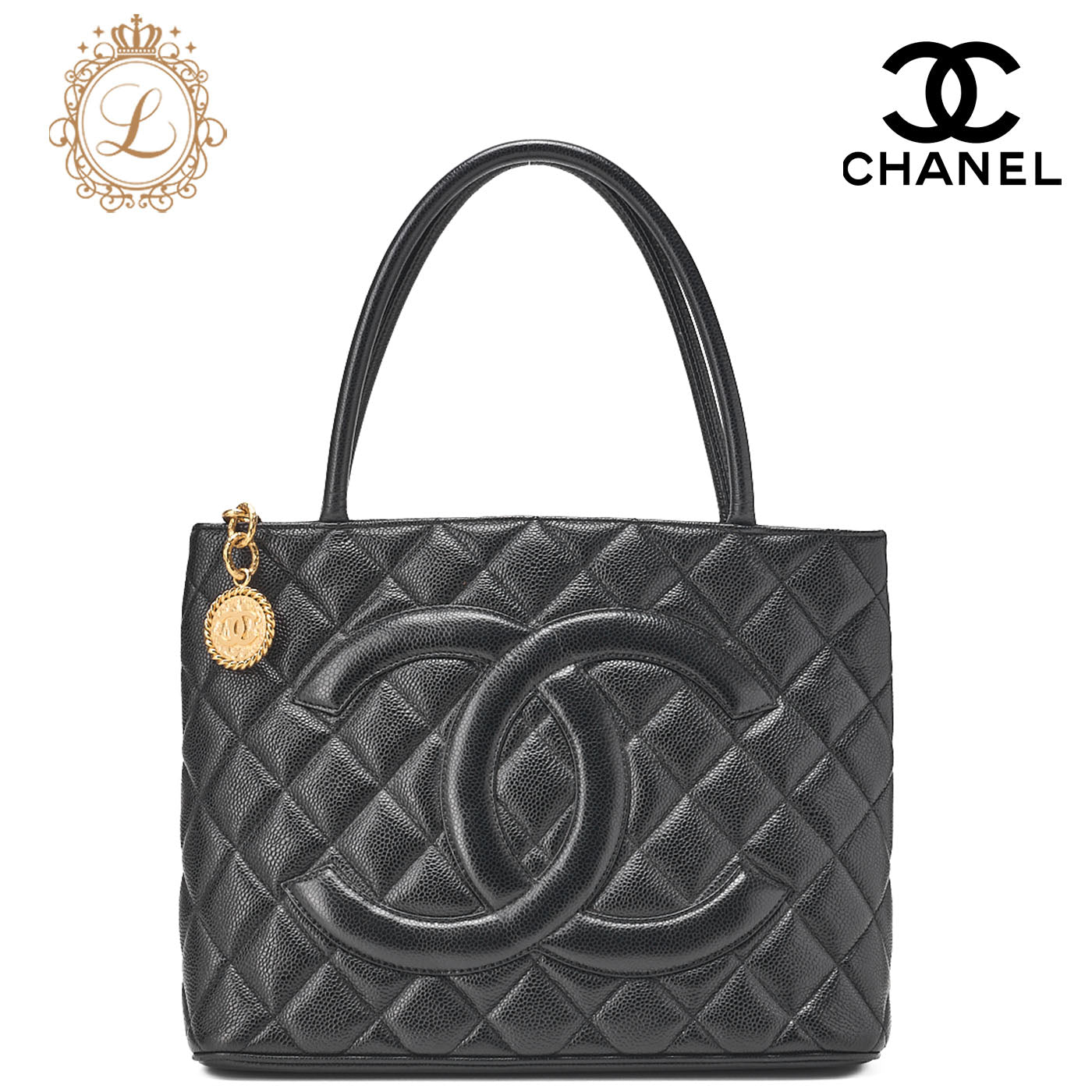 CHANEL Matelassé Reprint Tote Caviar Skin Black Gold-Tone Hardware, Pre-Owned