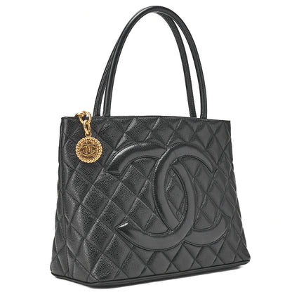 CHANEL Matelassé Reprint Tote Caviar Skin Black Gold-Tone Hardware, Pre-Owned
