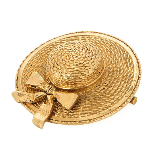 CHANEL Straw Pattern Hat Brooch Gold-Tone Hardware, Pre-Owned