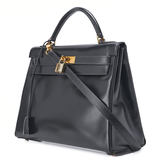 HERMES Kelly 32 Handbag Inseam Box Calf Black Gold-Tone Hardware, Pre-Owned