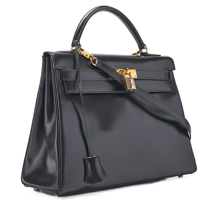 HERMES Kelly 32 Handbag Inseam Box Calf Black Gold-Tone Hardware, Pre-Owned