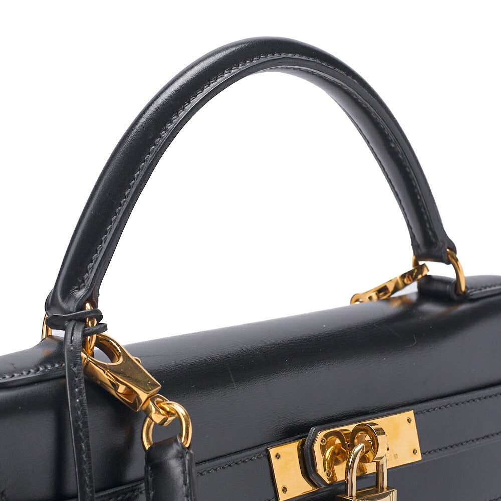 HERMES Kelly 32 Handbag Inseam Box Calf Black Gold-Tone Hardware, Pre-Owned