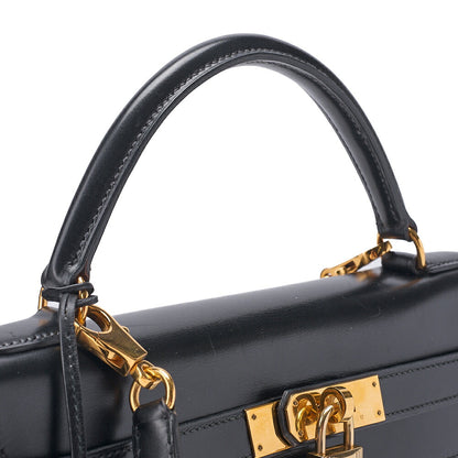 HERMES Kelly 32 Handbag Inseam Box Calf Black Gold-Tone Hardware, Pre-Owned