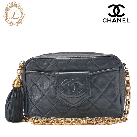 CHANEL Matlasse Coco Mark with Fringe Bijou Chain Shoulder Lambskin Navy (Gold Fittings) Women's Bag High Brand [Used] [Free Shipping]