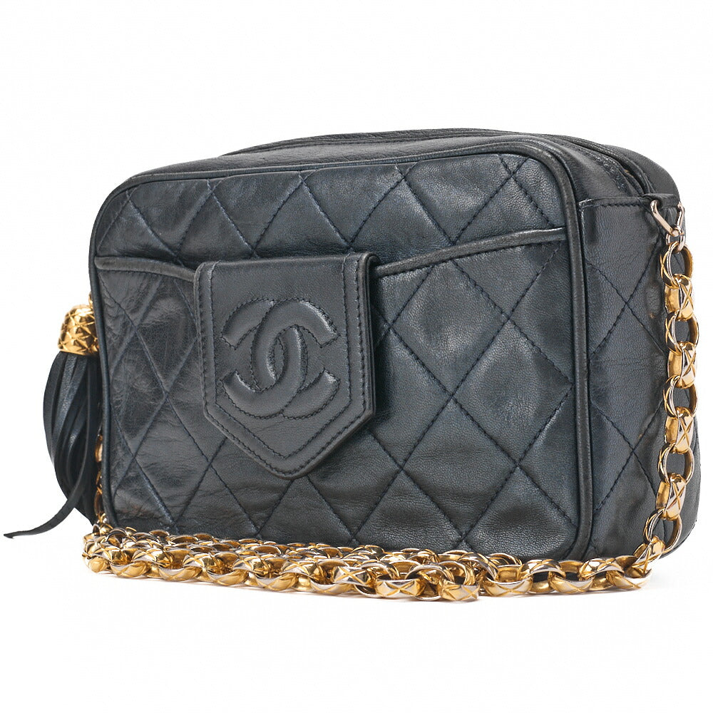 CHANEL Matlasse Coco Mark with Fringe Bijou Chain Shoulder Lambskin Navy (Gold Fittings) Women's Bag High Brand [Used] [Free Shipping]