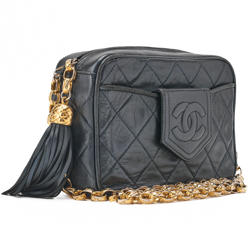 CHANEL Matlasse Coco Mark with Fringe Bijou Chain Shoulder Lambskin Navy (Gold Fittings) Women's Bag High Brand [Used] [Free Shipping]