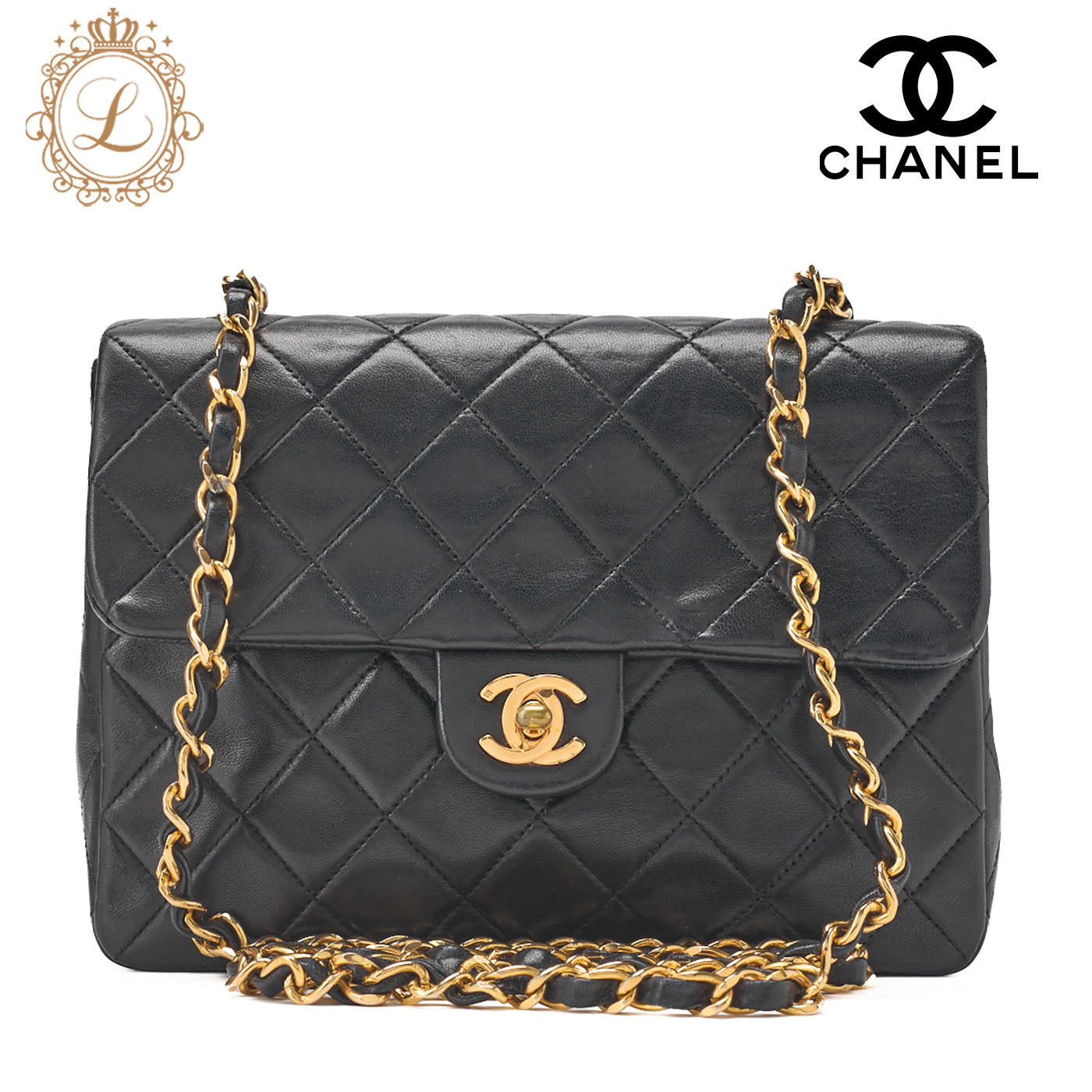 CHANEL Chain Shoulder Bag Mini Matrasse 20cm Lambskin Black Single Flap Turnlock Gold Fittings Women's [Used] [Free Shipping]