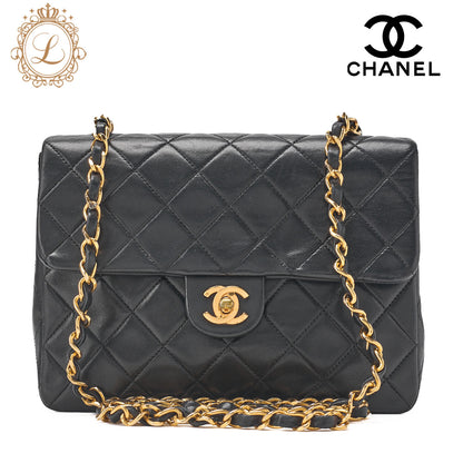 CHANEL Chain Shoulder Bag Mini Matrasse 20cm Lambskin Black Single Flap Turnlock Gold Fittings Women's [Used] [Free Shipping]