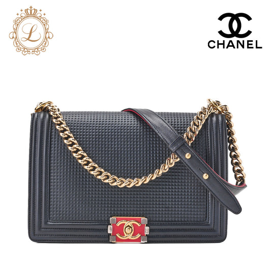 CHANEL Boy Chanel Perforated Design Chain Shoulder Lambskin Navy �~ Red Large Size (Gold Fittings) Women's Bag Shoulder Bag High Brand [Used] [Free Shipping]