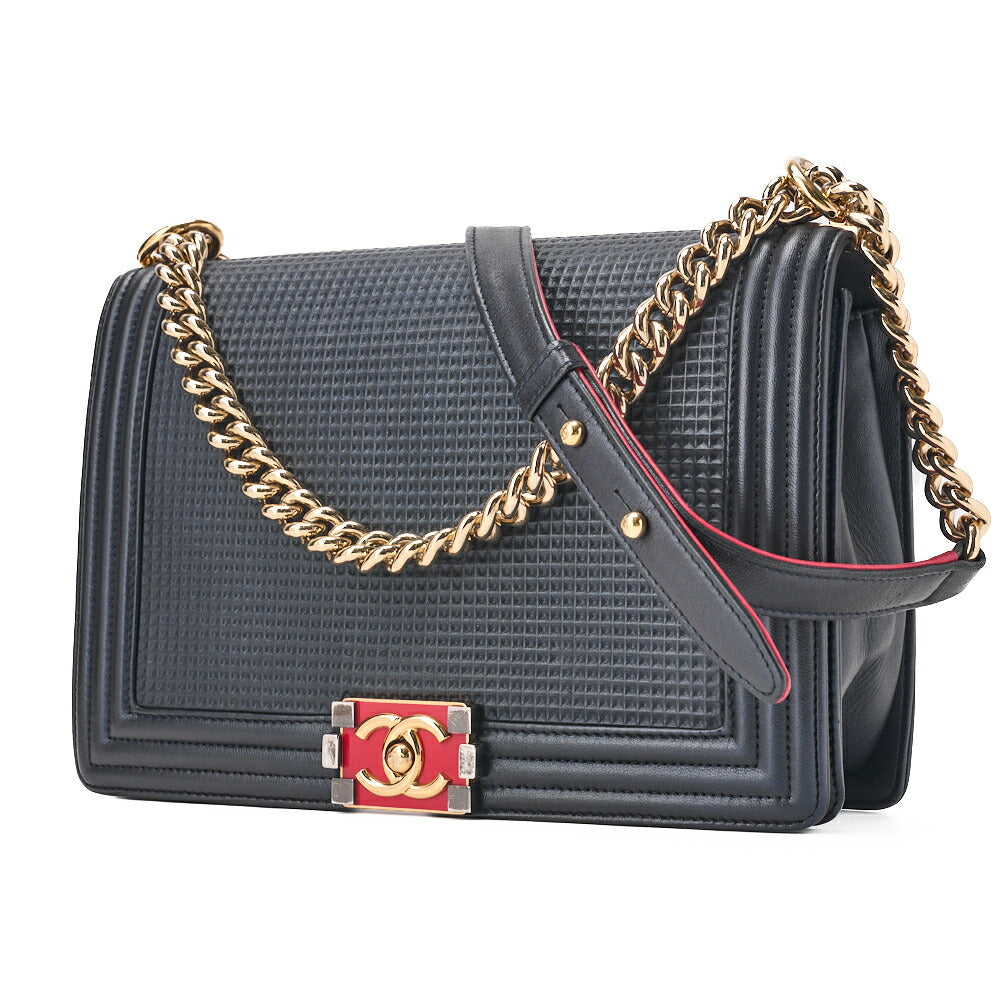 CHANEL Boy Chanel Perforated Design Chain Shoulder Lambskin Navy �~ Red Large Size (Gold Fittings) Women's Bag Shoulder Bag High Brand [Used] [Free Shipping]