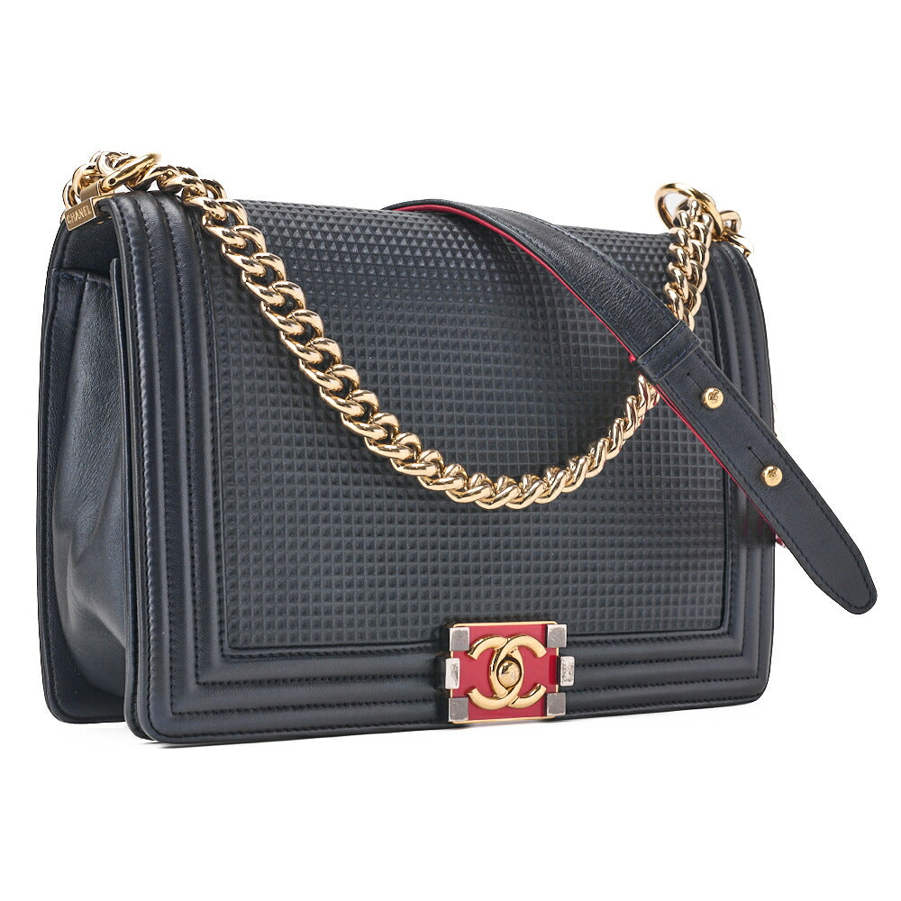 CHANEL Boy Chanel Perforated Design Chain Shoulder Lambskin Navy �~ Red Large Size (Gold Fittings) Women's Bag Shoulder Bag High Brand [Used] [Free Shipping]