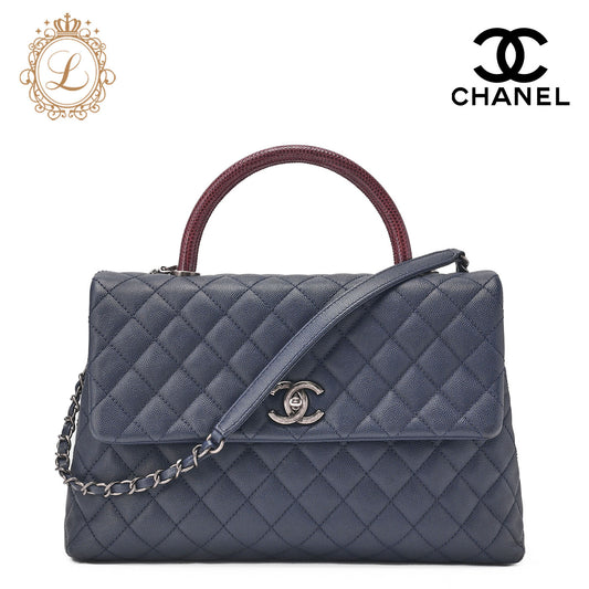 CHANEL Shoulder Bag Matlasse Coco Handle 2-Way Handbag Caviar Skin �~ Lizard Navy�~ Bordeaux Silver Fittings Women's Bag Brand [Used] [Free Shipping]
