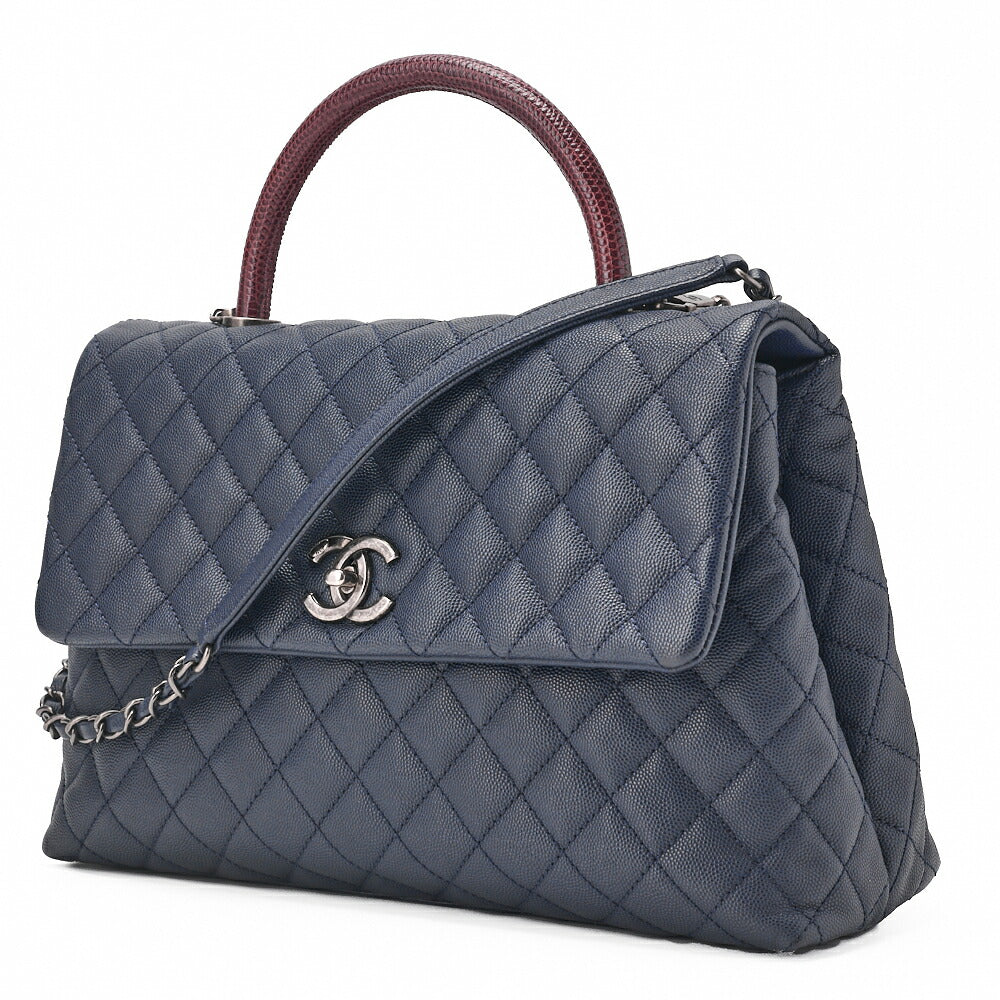 CHANEL Shoulder Bag Matlasse Coco Handle 2-Way Handbag Caviar Skin �~ Lizard Navy�~ Bordeaux Silver Fittings Women's Bag Brand [Used] [Free Shipping]