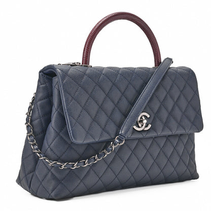 CHANEL Shoulder Bag Matlasse Coco Handle 2-Way Handbag Caviar Skin �~ Lizard Navy�~ Bordeaux Silver Fittings Women's Bag Brand [Used] [Free Shipping]