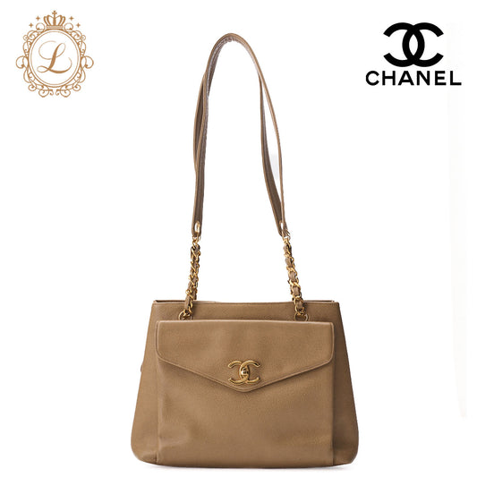 CHANEL Chain Shoulder Bag Tote Bag Outside Flap Caviar Skin Beige (Gold Fittings) Women's High Brand [Used] [Free Shipping]