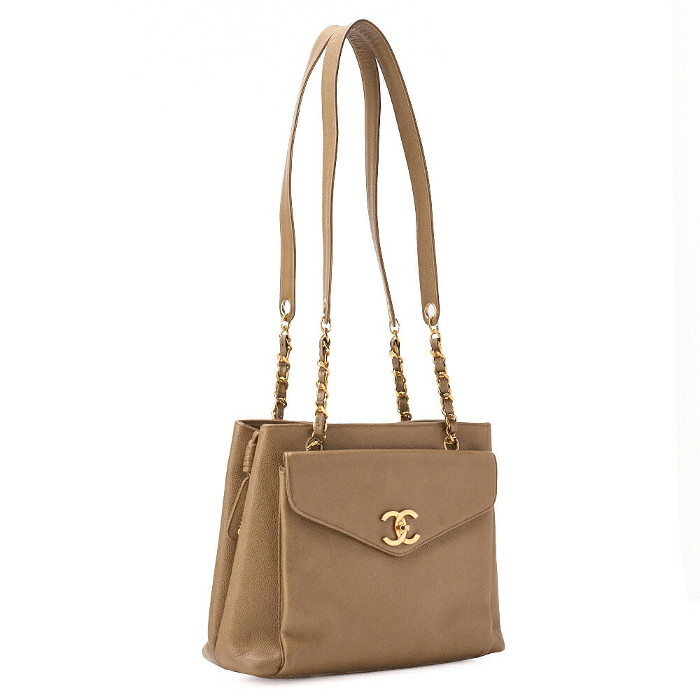 CHANEL Chain Shoulder Bag Tote Bag Outside Flap Caviar Skin Beige (Gold Fittings) Women's High Brand [Used] [Free Shipping]