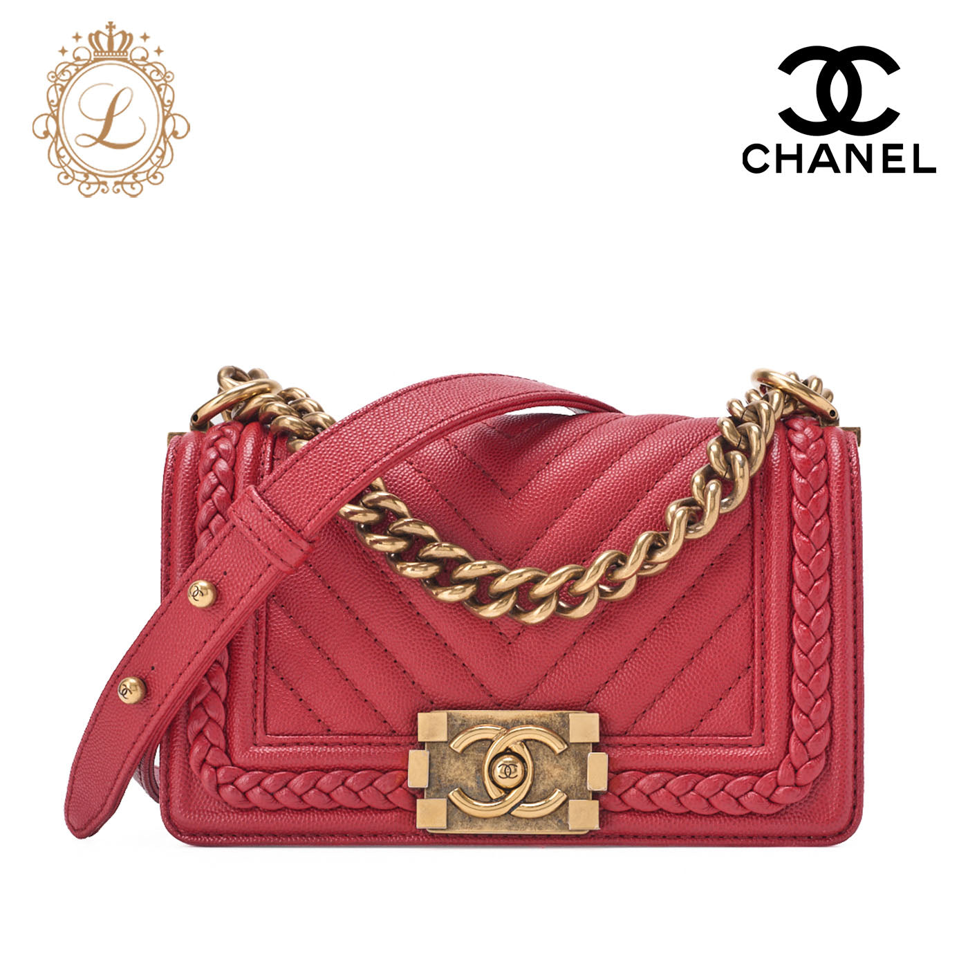 CHANEL Boy Chanel V-Stitch Chain Shoulder Caviar Skin Red (Gold Fittings) Women's Shoulder Bag High Brand [Used] [Free Shipping]
