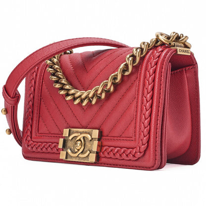 CHANEL Boy Chanel V-Stitch Chain Shoulder Caviar Skin Red Gold-Tone Hardware, Pre-Owned