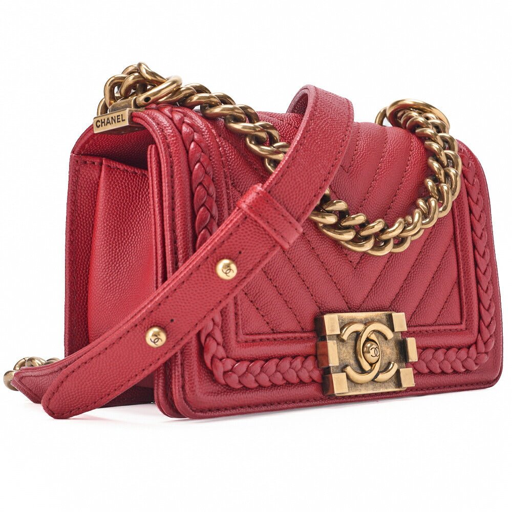 CHANEL Boy Chanel V-Stitch Chain Shoulder Caviar Skin Red Gold-Tone Hardware, Pre-Owned