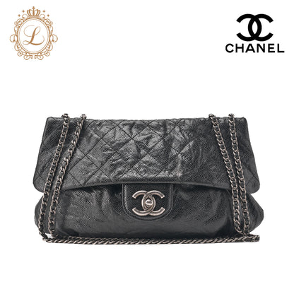 CHANEL Chain Shoulder Bag Matlasse Wrinkled Design Single Flap Turnlock Caviar Skin Black (Silver Fittings) Women's [Used] [Free Shipping]