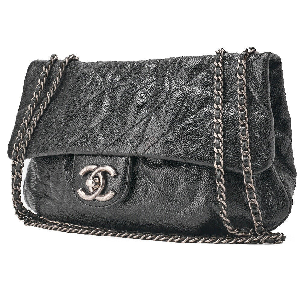 CHANEL Chain Shoulder Bag Matlasse Wrinkled Design Single Flap Turnlock Caviar Skin Black (Silver Fittings) Women's [Used] [Free Shipping]