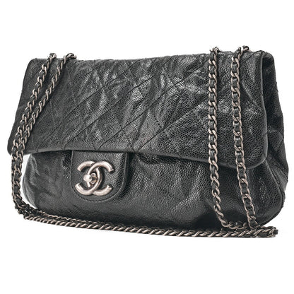 CHANEL Chain Shoulder Bag Matlasse Wrinkled Design Single Flap Turnlock Caviar Skin Black (Silver Fittings) Women's [Used] [Free Shipping]
