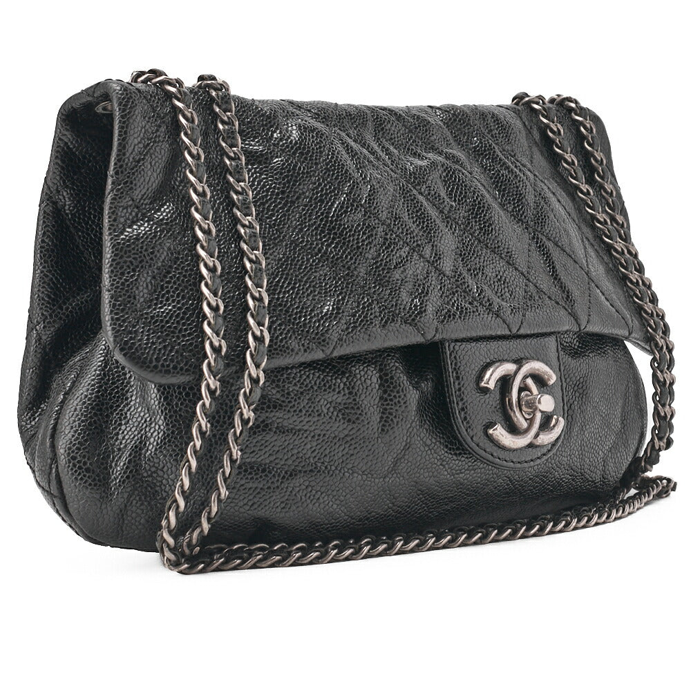 CHANEL Chain Shoulder Bag Matlasse Wrinkled Design Single Flap Turnlock Caviar Skin Black (Silver Fittings) Women's [Used] [Free Shipping]