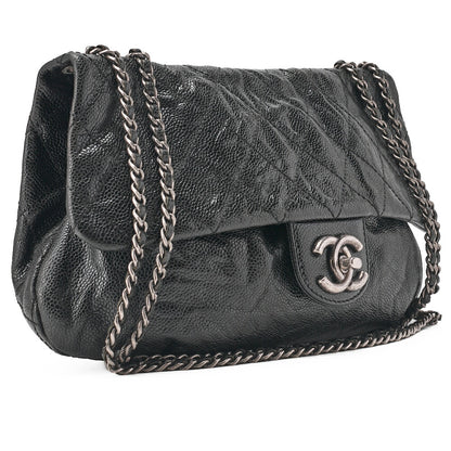 CHANEL Chain Shoulder Bag Matlasse Wrinkled Design Single Flap Turnlock Caviar Skin Black (Silver Fittings) Women's [Used] [Free Shipping]