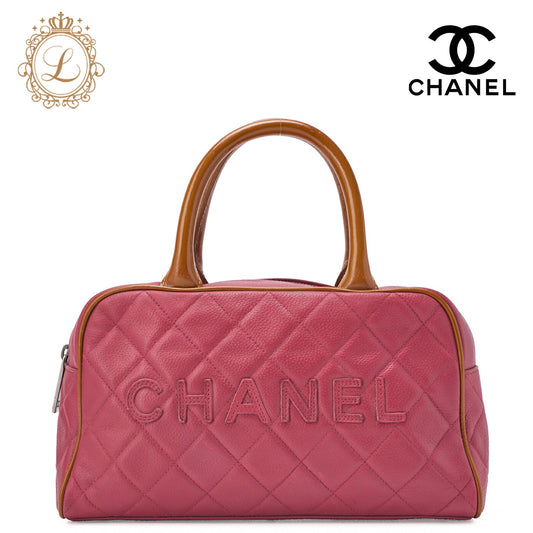 CHANEL Handbag Boston Bag Caviar Skin ｘ Enamel Matelassé Coco Mark Rose Pink ｘ Beige Silver-Tone Hardware, Pre-Owned
