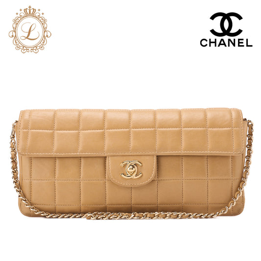 CHANEL Chocolate Bar Turnlock Chain Shoulder Lambskin Beige Gold-Tone Hardware, Pre-Owned
