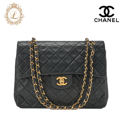 CHANEL Matelassé Double Flap Square Chain Shoulder Bag Lambskin Black Gold-Tone Hardware, Pre-Owned