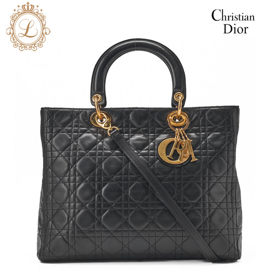 Dior Lady Dior Canage Handbag 2way Lambskin Black Large Size Gold-Tone Hardware, Pre-Owned