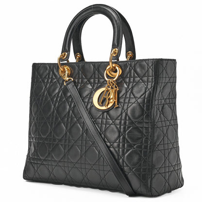 Dior Lady Dior Canage Handbag 2way Lambskin Black Large Size Gold-Tone Hardware, Pre-Owned