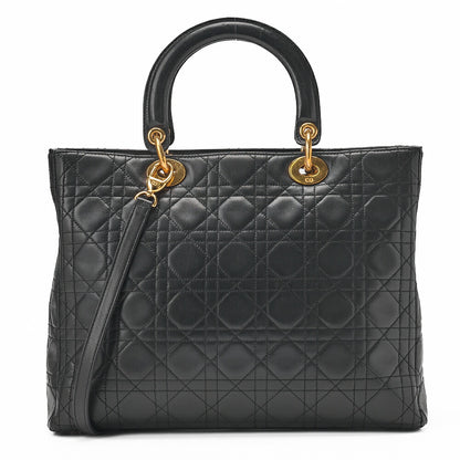 Dior Lady Dior Canage Handbag 2way Lambskin Black Large Size Gold-Tone Hardware, Pre-Owned