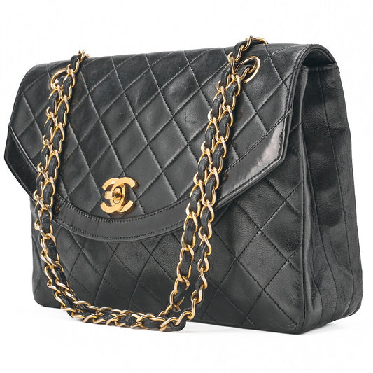 CHANEL Chain Shoulder Bag Matelassé Design Flap Lambskin Black Gold-Tone Hardware, Pre-Owned