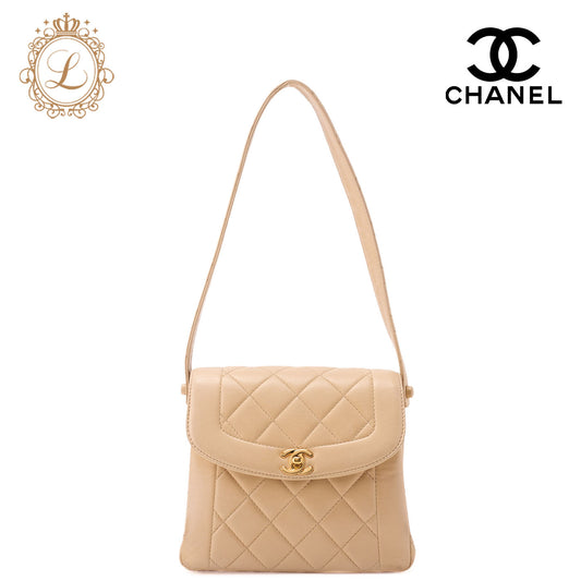 CHANEL Matelassé Diana Flap One Shoulder Bag Lambskin Beige Gold-Tone Hardware, Pre-Owned