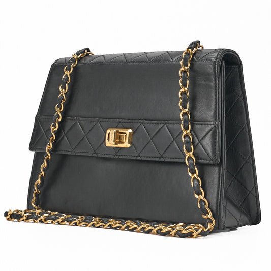 CHANEL Chain Shoulder Bag Matelassé 2.55 Turnlock Black Lambskin Gold-Tone Hardware, Pre-Owned