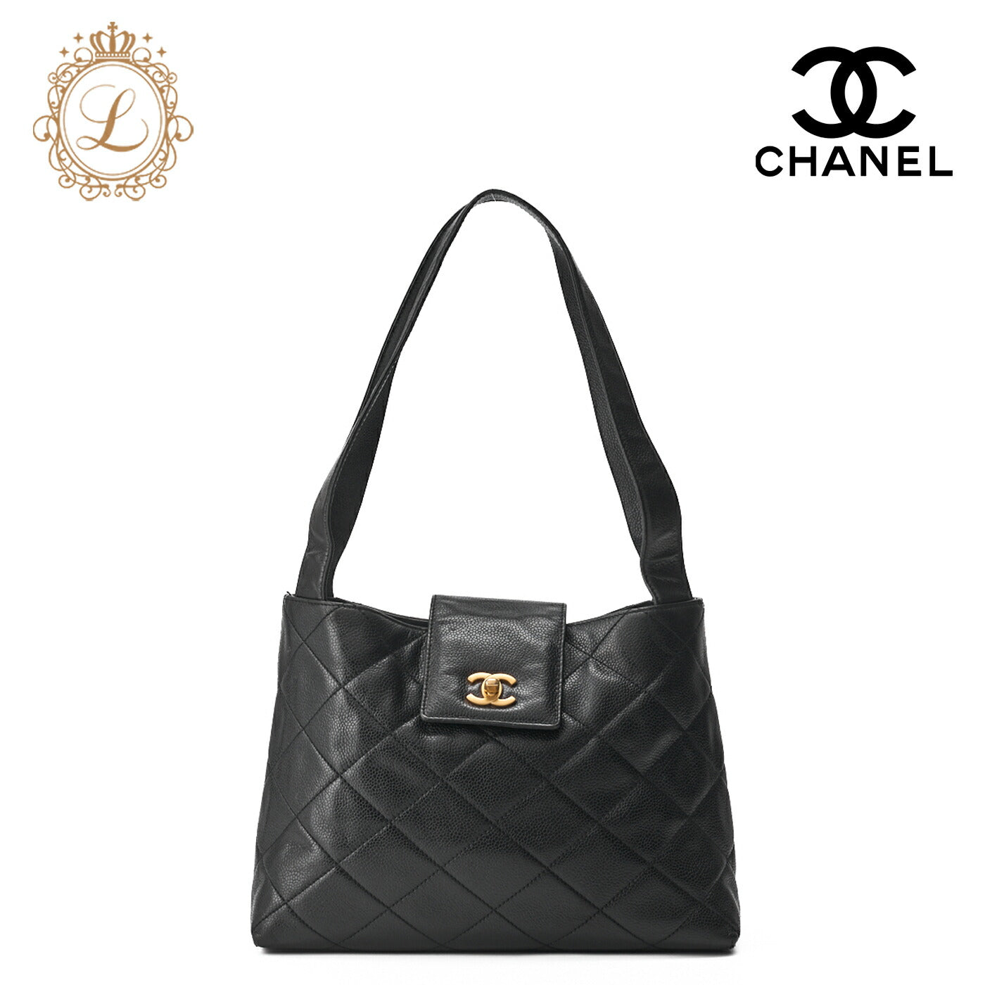 CHANEL Shoulder Bag  Matelassé Caviar Skin Black Coco Mark Turnlock Bicolore Gold-Tone Hardware, Pre-Owned