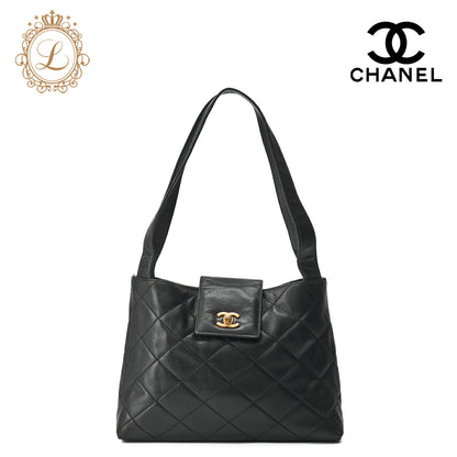 CHANEL Shoulder Bag  Matelassé Caviar Skin Black Coco Mark Turnlock Bicolore Gold-Tone Hardware, Pre-Owned