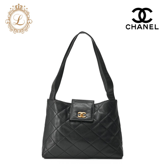 CHANEL Shoulder Bag  Matelassé Caviar Skin Black Coco Mark Turnlock Bicolore Gold-Tone Hardware, Pre-Owned