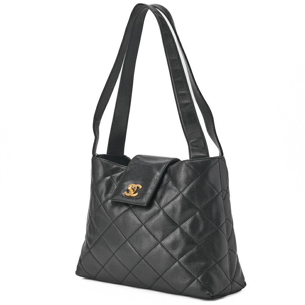 CHANEL Shoulder Bag  Matelassé Caviar Skin Black Coco Mark Turnlock Bicolore Gold-Tone Hardware, Pre-Owned
